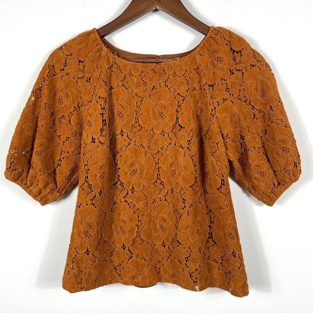 Dolan Left Coast Collection Rust Orange Corduroy Lace Puff Sleeve Blouse PXXS
